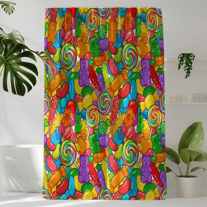 1pc Candy Print Shower Curtain, High Quality Home Decor Curtain, Modern Versatile Bathroom Matching, All Season Shower Curtain With 12 Hooks