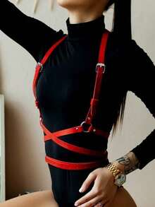 1pc Women's Punk Gothic Style Personalized Fashion Sexy Red PU Leather Corset Waist Harness Body Strap, Suitable For Carnival And Christmas Costume Matching - Red - View 2