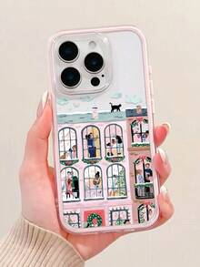1pc Unique Happy House Dancing Scenery Graphic Pink Transparent TPU Phone Case Compatible With IPhone 16/16Pro/15/15ProMax/15Pro/11/12/13/14ProMax/12Pro/12ProMax/13Pro/13ProMax/14Pro/14ProMax, Creative & Elegant - Multicolor - View 2