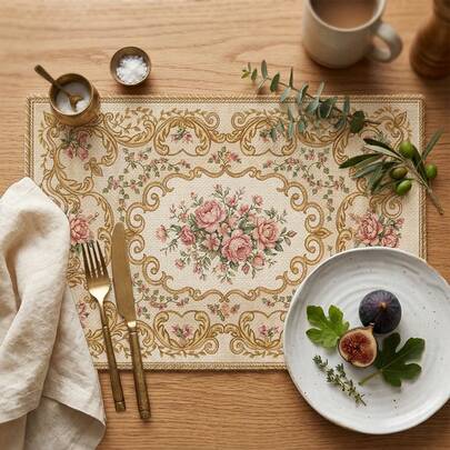 Bộ 2/4/6/8 tấm lót bàn hình chữ nhật in họa tiết hoa cổ điển, thích hợp trang trí bàn ăn gia đình, nhà hàng, các dịp lễ hội, tiệc tùng.