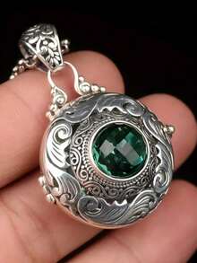 优雅可开启绿色水晶Gawu盒吊坠，镂空香薰胶囊项链，女士时尚饰品 - 銀色 - 查看 1