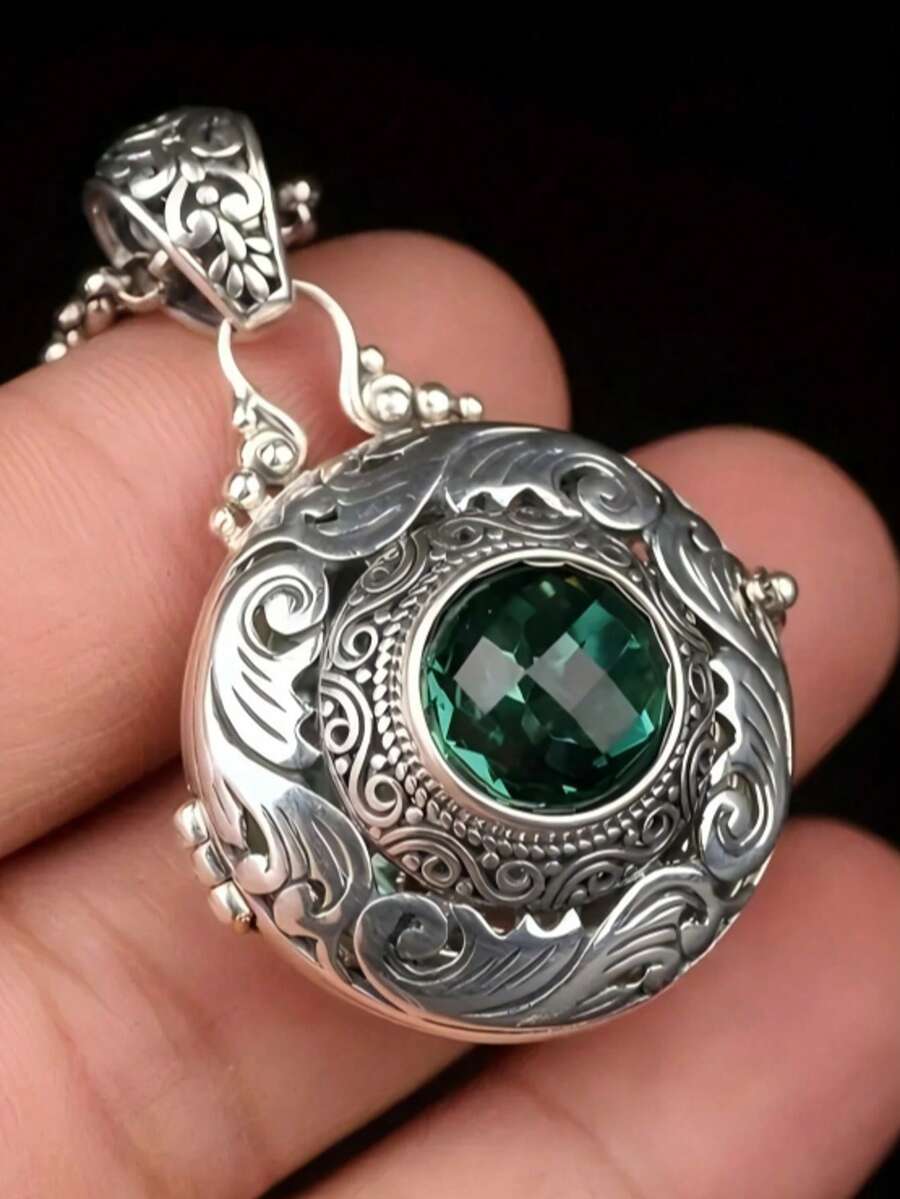 优雅可开启绿色水晶Gawu盒吊坠，镂空香薰胶囊项链，女士时尚饰品 - 銀色 - 查看 1