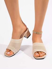 2026新款女士粗跟高跟凉鞋，春夏新款，黑色、米色、蓝色网面粗跟穆勒鞋，适合通勤和日常穿着 - 米色 - 查看 4