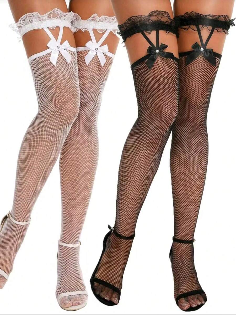 2 đôi tất lưới cao đến đùi gợi cảm đính kim cương lấp lánh kèm dây buộc ren dành cho nữ - Nhiều màu - Xem 1