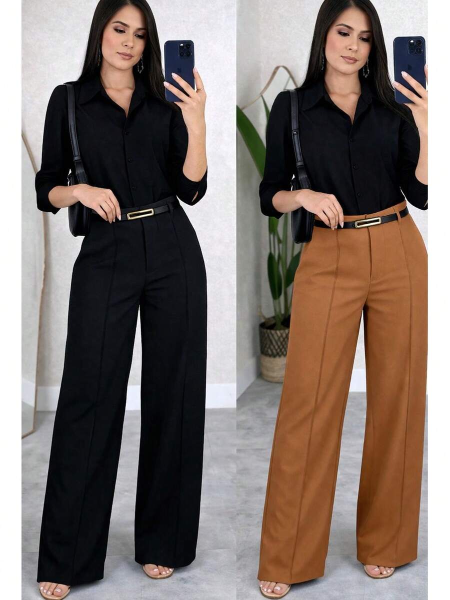 Kit 2 Women's Wide Leg Pants With Belt - 黑色/焦糖色 - 查看 1