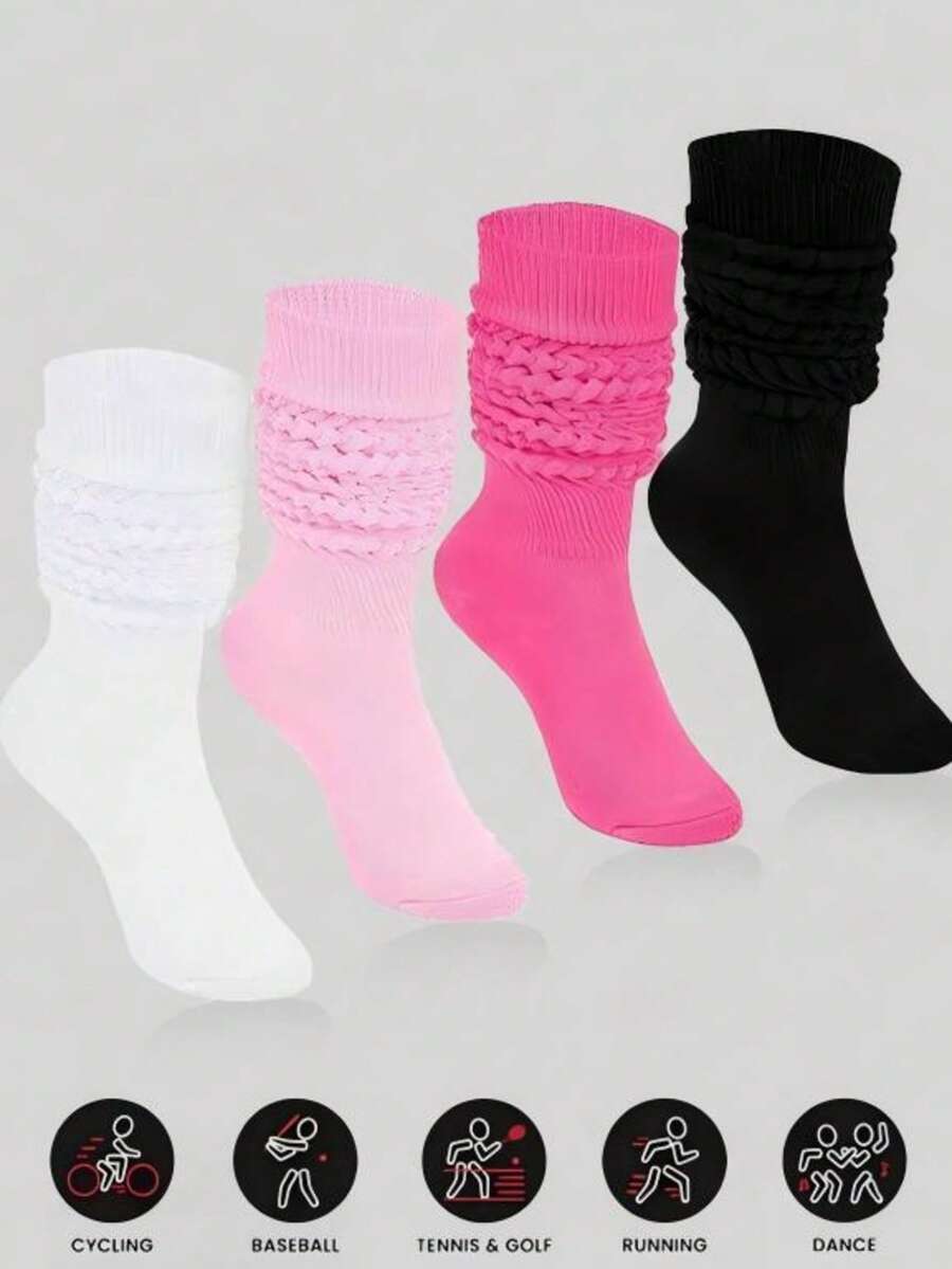4 Pairs Women Loose Socks, Soft Knit Ankle Socks, Solid Color Compression Socks, Bubble Socks, Mid-Calf Socks, Warm & Breathable Socks For Autumn/Winter, Halloween & Christmas Gift - Multicolor - View 1