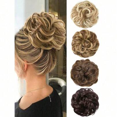 Black Messy Bun Hair Piece Wavy Curly Scrunchies Synthetic Chignon Ponytail Hair Extensions Thick Updo Hairpieces For Women 8inch