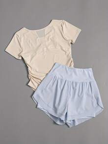 Fashionable 2-Piece Women's Yoga Sports Set, Casual Women's Yoga T-Shirt With Short Sleeves, Waist-Cinching, Ruched, Breathable Short Sleeves, High-Waisted, Butt-Lifting Yoga Sports Shorts, Anti-Exposure Design, With Pockets, Suitable For Running, Yoga, Tennis, Workouts, Cycling, Casual Outings, Evening Dates, And As A Gift For Independence Day, Labor Day, Halloween,  & Fall/Winter - Hồng + Tím hồng - Xem 6