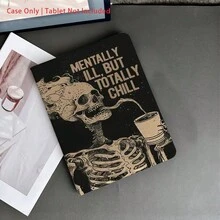 Coffee 1 件装 Y2K 骷髅“精神病但完全冷静”印花翻盖平板电脑保护套，带笔槽，自动休眠/唤醒，兼容 iPad 10.9/10.2/Air 5/4/2、Pro 11、第 10/9/8/7 代、9.7 英寸、Air 11/13 (M3 2025)、11 (A16 2025)、Galaxy Tab S10+/S9/A9 - 彩色 - 查看 3
