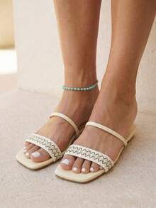 planare Giày sandal nữ thời trang thường ngày tối giản, kiểu dáng nghỉ dưỡng, kẻ sọc, hở mũi, dễ mang, thoải mái, nhẹ, màu be và đen, thích hợp cho mùa hè. - Màu be - Xem 4