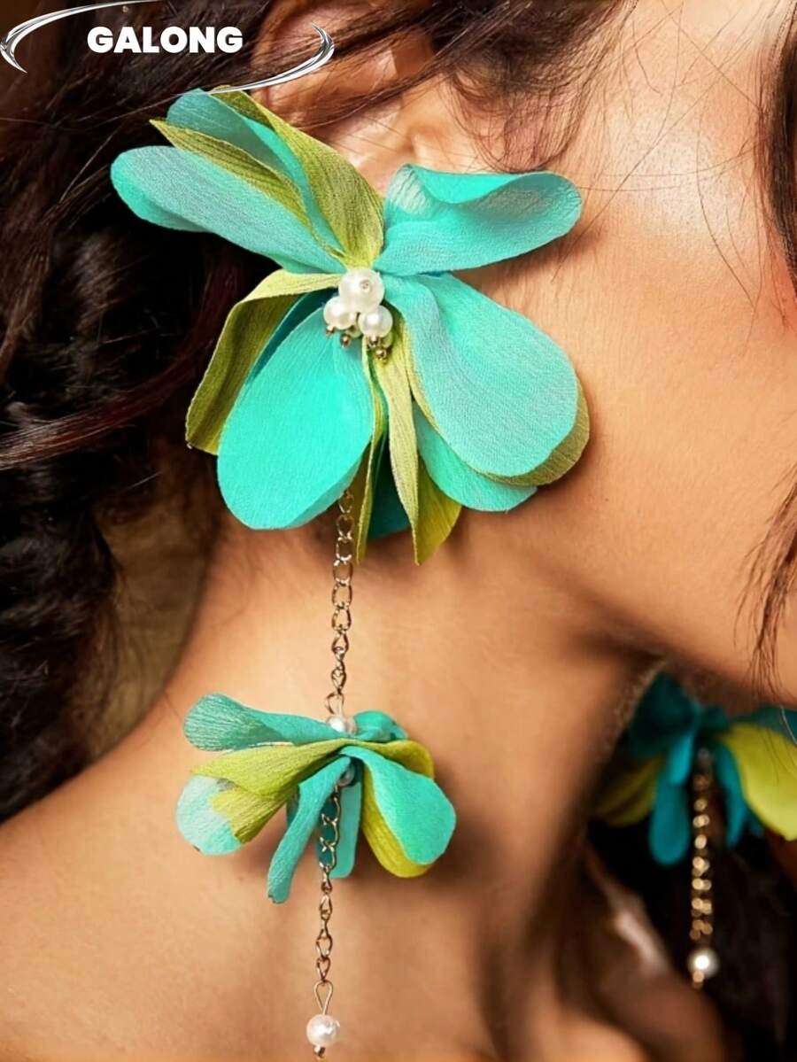 Handmade Fabric Earrings | Forest Green Floral Petal With Pearl Accents | Bohemian Style Dangle Earrings