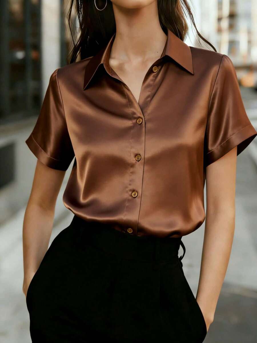 Women's Satin Shirt, Sleeveless Collared Button-Up Shirt, Non-Stretch Regular Fit, Suitable For Summer, Spring, And Autumn - Coffee Brown - View 1