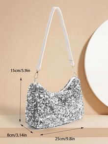 Women's Fashion Sequin Shoulder Bag, Crossbody Bag, Versatile Handbag - Bright silver - View 5