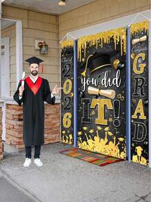 3pcs/Set 2026 Black & Gold Glitter Entrance Banner - "Class Of 2026" And "Congratulations On Your Graduation" Outdoor Welcome Sign With Graduation Cap And Diploma Design, Ideal For High School And College Graduation Party Decor - Multicolor - View 3
