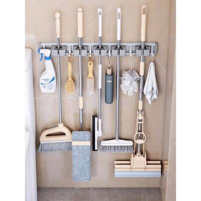 1 pieza Soporte de pared de aluminio con 4 clips y 5 ganchos para escoba y trapeador, estante de almacenamiento sin taladro, adecuado para baños y balcones