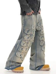 1件 Justice Brother 复古字母刺绣男士休闲宽松阔腿牛仔裤，港式风格（不含腰带/配饰） - 藍色 - 查看 4