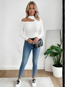 Women's Long-Sleeved T-Shirt Blouse In Suplex Fabric With A High Neck And Asymmetrical Cut, Ideal For Dates And Casual Wear - 白色 - 查看 5