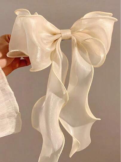 1 قطعة مشبك شعر ربيعي أنيق من الشريط الناعم المموج ذو الفيونكة الكبيرة المصنوع من الشبك البيج، إكسسوار شعر رائع للربيع