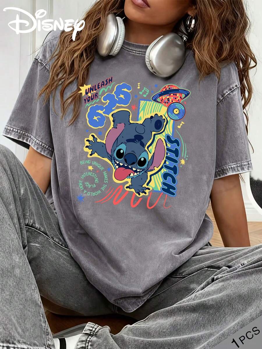 Disney Summer Clothing With Lilo & Stitch Print, Washed Cotton Crew Neck Loose Short Sleeve T-Shirt, Slight Stretch Fabric, Suitable For Daily, Vintage And Streetwear - 灰色 - 查看 1