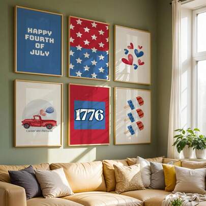 1/6PCS Happy Canvas Art Wall Room Poster Set For July 4th Gallery Murals Home Decor Red, White, Blue Independence Day Wall Decor, Framed+Framed Room Decor July 4th Room Decor Supplies God Bless America, Bathroom Decor, Kitchen Decor, Living Room Decor, Bedroom Decor, Office Decor, University Dormitory Decor
