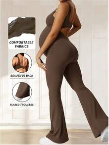 Parara Maternity Jumpsuit Pants & Camisole, High Elasticity Comfortable & Fashionable Maternity Romper - Brown - View 7