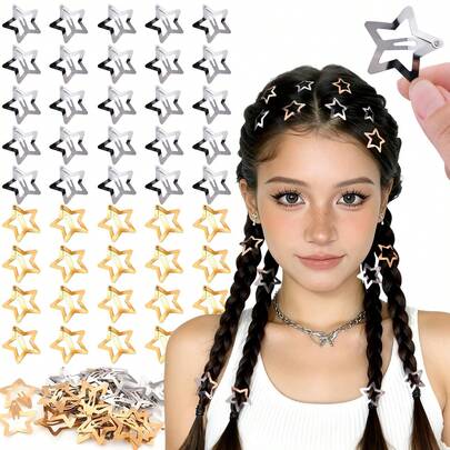 100 piezas de Clips para el cabello con estrellas doradas y plateadas, Accesorios para el cabello estilo Y2K de 1.18 pulgadas, Pasadores de metal pequeños antideslizantes con estrellas, Adecuados para niñas y mujeres, Juego decorativo de moda en miniatura, Ideal para decoración de fiestas