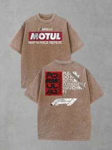 Mens Clothes;Summer Tops2-Sided MOTUL F1 "Do Not Disturb" Graphic Men's Crew Neck Oversized Washed Short Sleeve T-Shirt - Lightweight Cotton Blend, Playful Racing Meme Vibe, Perfect For F1 Watch Parties & Lazy Days, Ideal Gift For Motorsport Memers, Mens Casual Shirt, Street Fashion, Camisas Para Hombresummer OutfitsCasual Short Sleeve Tee HHHC - 咖啡棕 - 查看 9