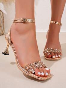 Elegantes y lujosos sandalias de tacón alto de aguja con tira de tobillo y adornos de strass dorados brillantes, unicolor, zapatos formales de boda y verano - Oro rosa - Ver 1
