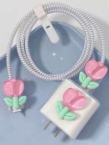 Flower Design Charging Cable Protector Case Compatible With IPhone 14/15/16, 20W Charger Head - Multicolor - View 5