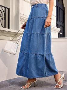 Chân váy maxi denim thanh lịch dành cho nữ ARWY, dáng chữ A, cạp cao, có chi tiết cúc cài, chất liệu không co giãn, thích hợp mặc hàng ngày. - Rửa nhẹ - Xem 8