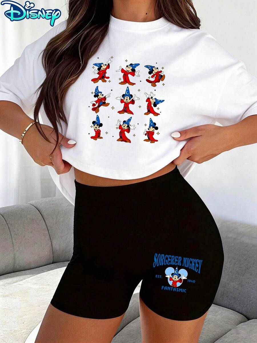 Disney Sorcerer Mickey 9-Panel Fantasmic Printed Casual Set, Women's 2pcs Short Sleeve T-Shirt And Shorts Set, Magic Character Printed Tee And Shorts Set, Suitable For Daily Leisure And Outdoor - trắng - Xem 1