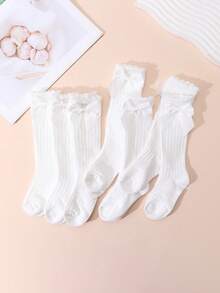6 Pairs Girls Solid Color Bowknot Decor Ribbed Mid-Calf Knee-High Socks, Versatile Daily Wear For JK Style - Multicolor - View 3