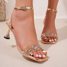 Elegantes y lujosos sandalias de tacón alto de aguja con tira de tobillo y adornos de strass dorados brillantes, unicolor, zapatos formales de boda y verano - Oro rosa - Ver 11
