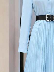 Women's Elegant Pleated Button-Down Long Sleeve Shirt Dress (Belt Not Included), Autumn Spring - Màu xanh nhạt - Xem 4