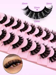 10 Pairs D Curl Russian Style False Eyelashes, Cat Eye Effect, Natural Fluffy Faux Mink Lashes, Thick And Long, Create Charming Lifted Eye Makeup - Black - View 4