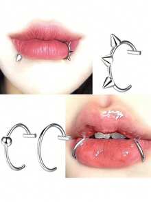 3 Piecesclip-On Nose Ring Set, Hip-Hop Style Personalized Stainless Steel Lip Ring Accessory Decoration Fake Perforated Accessory Set, Party And Holiday Gift - 3 Silver Lip Rings - View 2
