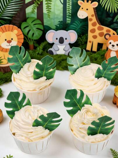 48 chiếc phụ kiện trang trí bánh cupcake hình rùa nhiệt đới, lá cọ nhiệt đới, lá giấy trang trí bánh, thích hợp cho tiệc cưới, sinh nhật, tiệc mừng em bé theo chủ đề rừng rậm Hawaii.