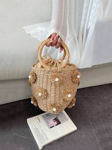 2026新款波西米亚珍珠花朵编织水桶包，手工藤编抽绳手提包，夏季海滩度假斜挎包，独特设计通勤包，百搭女士编织手提包 - 卡其色 - 查看 9