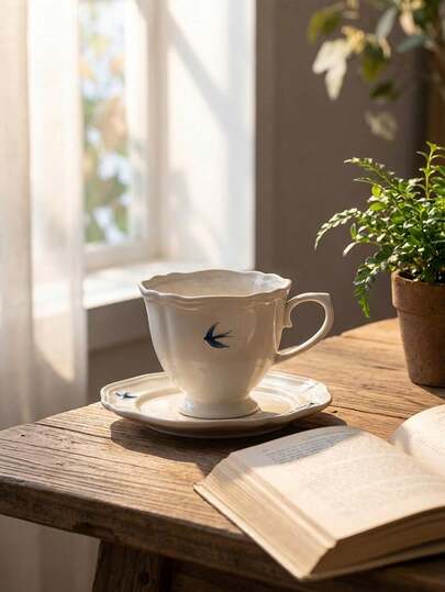 DearDali 一套原创浮雕燕子陶瓷咖啡杯、茶杯和碟子，家用/办公茶具套装，创意英式风格马克杯，适合花茶，咖啡爱好者的理想之选，节日、派对、家庭聚会的最佳礼物，适用于咖啡或花茶，250毫升