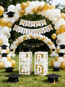 1 Set 2026 Graduation Party Decorations - White Balloon Box With "GRAD & 2026" Letters, Transparent Graduation Balloon Blocks With Letters, 2026 Graduation Class DIY Balloon Box, High School/College Graduation Supplies, Gold & White Graduation Photo Props For Indoor/Outdoor Decor - White - View 6