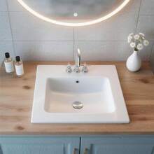 Halbeinbauwaschbecken Handwaschbecken 510 x 465 mm rechteckiges Aufsatzwaschbecken mit Überlauf & 3 Wasserhahnlöchern, modernes Einbauwaschbecken für kleine Räume Küchen Badezimmer Weiß - 18 * 21 Zoll - Übersicht 1