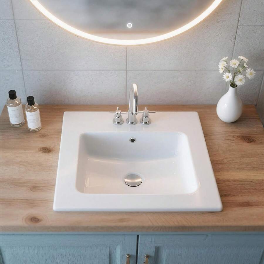 Halbeinbauwaschbecken Handwaschbecken 510 x 465 mm rechteckiges Aufsatzwaschbecken mit Überlauf & 3 Wasserhahnlöchern, modernes Einbauwaschbecken für kleine Räume Küchen Badezimmer Weiß - 18 * 21 Zoll - Übersicht 1
