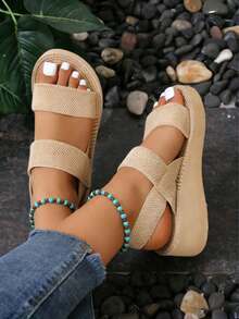 11Platform Sandals For Women - Comfortable Elastic Wedge Heel Slip-Ons, Breathable Wide Straps & Chunky Sole For Height Boost & Slim Look, Versatile Casual Beach Dressy Outfits,Women's Summer Wedge Sandals - Stretchy Adjustable Band Design For Perfect Fit, Thick Sole Lifts & Slims Legs, Easy Match With Dresses/Jeans, Breathable Material For Daily Wear & Vacation,Chunky Platform Beach Sandals Women - Supportive Orthopedic Comfort Straps, Height Increasing Sole, Cute Slimming Visual Effect, Goes Well With Skirts/Shorts, Lightweight & Stable,Women's Fashion Thick Bottom Sandals - Elastic Webbing Adapts To All Foot Shapes, No Blisters Or Tightness, Stylish Lift & Elongate Legs, Perfect For Street Style, Holiday, Pair With Denim/Dresses,Breathable Wide Band Wedge Sandals - Women's Comfortable Slip-On Design For Wide Feet, Versatile Wear With Outfits, Quality Textured Material & Secure Footbed, Ideal Summer Walking Shoes - 米色 - 查看 3