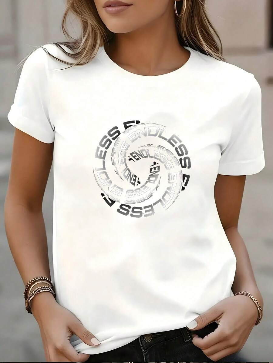 Camiseta branca de manga curta, oversized e folgada, com estampa de texto em movimento giratório ENDLESS Vertigo, estilo gótico minimalista, streetwear vintage Y2K. Tamanhos P a 3XG. Ideal para aniversários, Dia das Mães e Dia dos Pais. Disponível localmente. - Branco - Ver 1