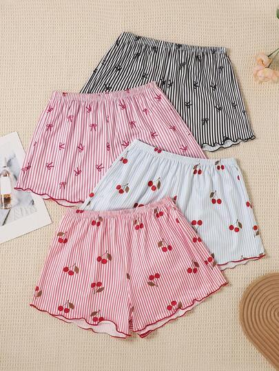 4pcs Plus Size Women's Pajama Shorts Set, Sweet Striped Print, Loose & Comfortable, Suitable For Summer