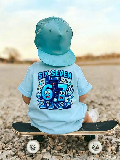 男婴卡通“六七”数字印花短袖T恤，休闲圆领T恤，适合幼儿男童