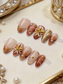 10 móng tay giả thủ công 3D chạm khắc màu hổ phách, móng dán kim loại đính ngọc trai, móng giả cao cấp có thể tháo rời. - Nhiều màu - Xem 13