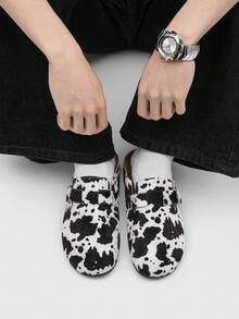 Men's Fluffy Cow Pattern Slippers - Open-Back Mule Loafers, Buckle Detail Casual Street Style Shoes - Đen và trắng - Xem 10