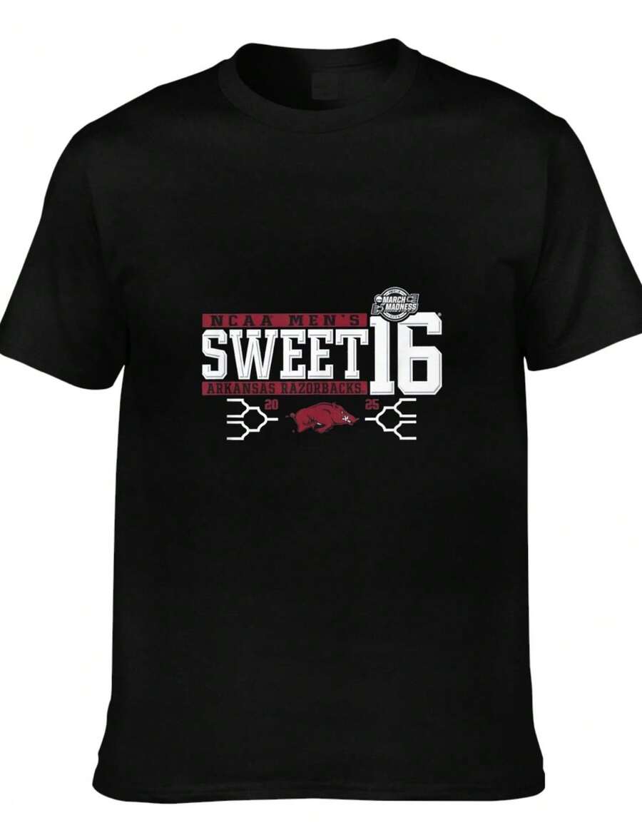 Arkansas Razorbacks NCAA Sweet 16 2025 T Shirt Men Women March Madness Fan Casual Short Sleeve Tee Top - 黑色 - 查看 1