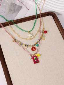 4pcs Bohemian Handmade Beaded Colorful Square Fish & Starfish Pendant Multilayer Necklace Set For Women, Suitable For Daily, Party, Beach, All Seasons  Boho    Zinc Alloy - Nhiều màu - Xem 2